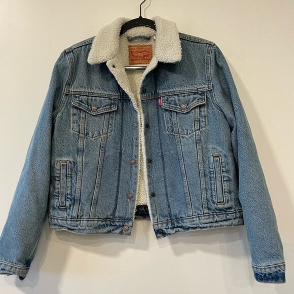 LEVI'S Women's Original Denim Jean Jacket Snap Sherpa Lined Trucker Size Large - Picture 1 of 5